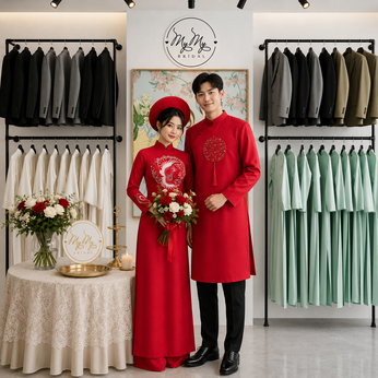 ÁO DÀI CẶP ĐỎ ĐÍNH KẾT PHƯỢNG HOÀNG VÀ CHỮ HỶ