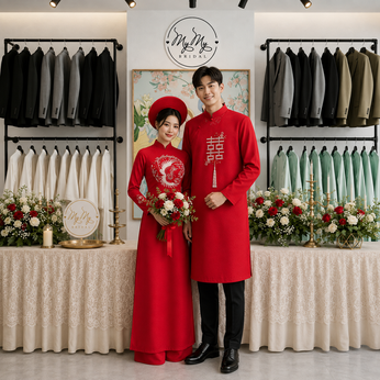 ÁO DÀI CẶP ĐỎ KẾT PHƯỢNG HOÀNG VÀ HỶ VUÔNG HẠT TRẮNG