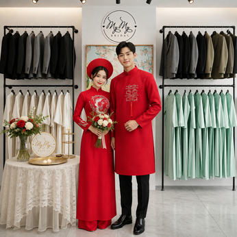 ÁO DÀI CẶP ĐỎ PHƯỢNG HOÀNG VÀ HỶ VUÔNG
