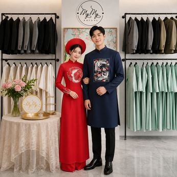 ÁO DÀI CẶP ĐỎ VÀ XANH PHƯỢNG HOÀNG