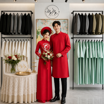 ÁO DÀI CẶP ĐỎ ĐÍNH KẾT PHƯỢNG HOÀNG