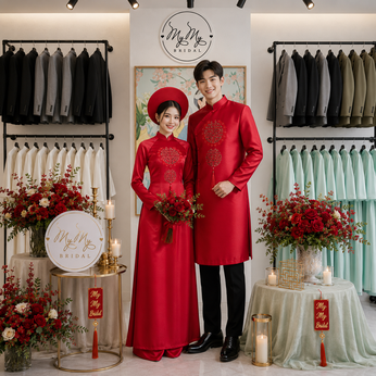 ÁO DÀI CẶP ĐỎ ĐÔ HAI CHỮ HỶ