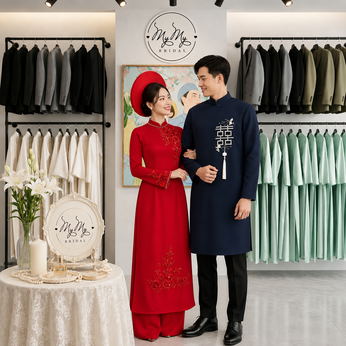 ÁO DÀI CẶP ĐỎ HOA 10H VÀ XANH HỶ VUÔNG