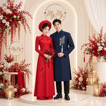 ÁO DÀI CẶP ĐỎ HOA LAN VÀ XANH HỶ VUÔNG
