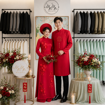 ÁO DÀI CẶP ĐỎ HOA PHONG LAN VÀ CHỮ HỶ