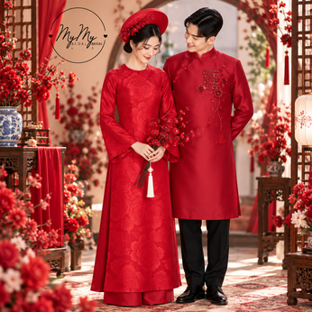 ÁO DÀI CƯỚI CẶP ĐỎ HỌA TIẾT HOA HỒNG