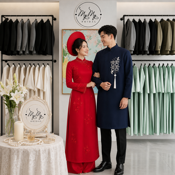 ÁO DÀI CẶP ĐỎ HOA XOAN VÀ XANH HỶ VUÔNG