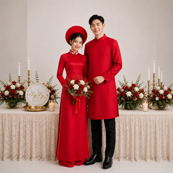 ÁO DÀI CẶP ĐỎ KẾT HOA CỔ ÁO