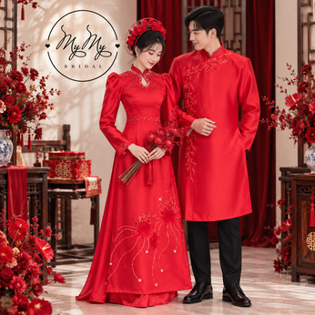 ÁO DÀI CẶP ĐỎ KẾT LÔNG VŨ VÀ PHA LÊ