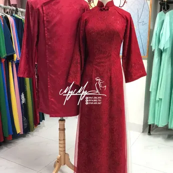 ÁO DÀI CẶP ĐỎ REN KIM SA