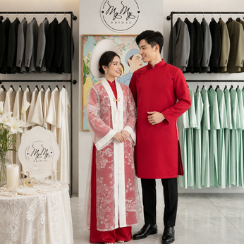 ÁO DÀI CẶP ĐỎ TƠ TẰM VÀ ÁO CHOÀNG
