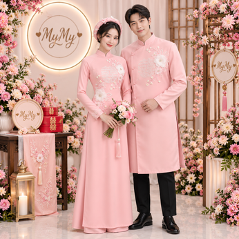 ÁO DÀI CẶP HỒNG KẾT CHỮ HỶ VÀ HOA NỔI