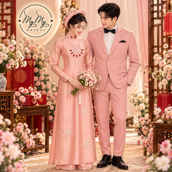 ÁO DÀI CẶP HỒNG CHỮ HỶ HOA NHÍ VÀ VEST
