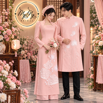 ÁO DÀI CẶP HỒNG ĐÍNH KẾT HOA SEN TRẮNG