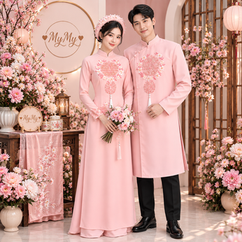 ÁO DÀI CẶP HỒNG HAI CHỮ HỶ