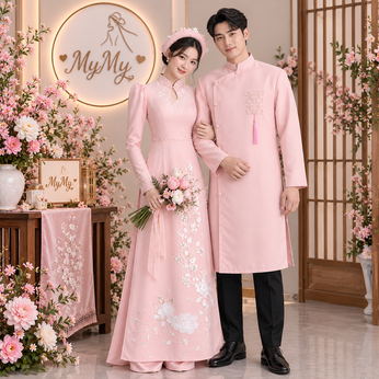 ÁO DÀI CẶP HỒNG KẾT LÔNG VŨ VÀ HỶ VUÔNG