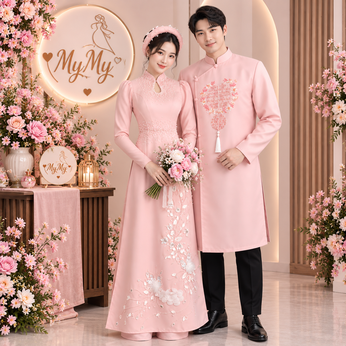 ÁO DÀI CẶP HỒNG KẾT LÔNG VŨ VÀ HAI CHỮ HỶ