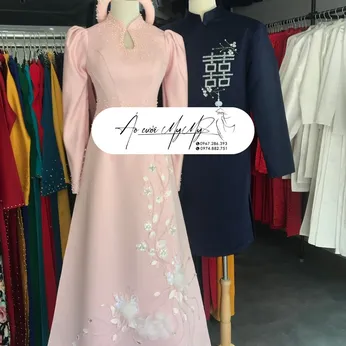 ÁO DÀI CẶP HỒNG KẾT LÔNG VŨ VÀ XANH HỶ VUÔNG