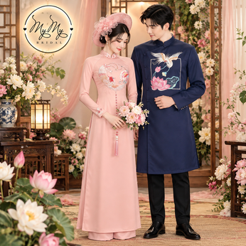 ÁO DÀI CẶP HỒNG PHỤNG NGUYỆT VÀ XANH THÊU SEN