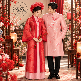 ÁO DÀI CẶP HỒNG THÊU PHƯỢNG HOÀNG VÀ ÁO CHOÀNG ĐỎ