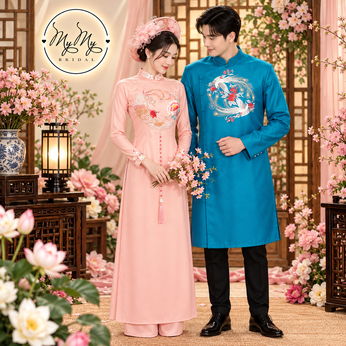 ÁO DÀI CẶP HỒNG VÀ XANH PHỤNG NGUYỆT