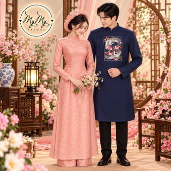 ÁO DÀI CẶP HỒNG VÀ XANH THÊU CHIM HẠC