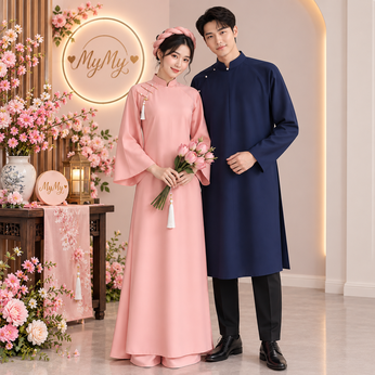 ÁO DÀI CẶP HỒNG VÀ XANH PHOM SUÔNG