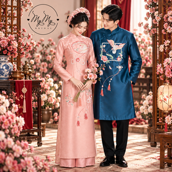 ÁO DÀI CẶP HỒNG - XANH THÊU PHƯỢNG HOÀNG