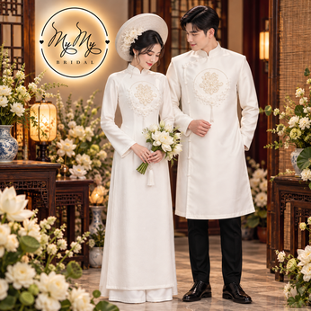 Áo dài cặp trắng chữ hỷ và vòng hoa