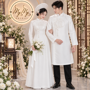 ÁO DÀI CƯỚI CẶP TRẮNG ĐÍNH KẾT CHỮ HỶ VÀ HOA PHA LÊ