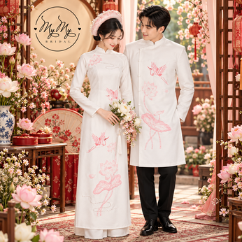 ÁO DÀI CẶP TRẮNG KẾT SEN HỒNG
