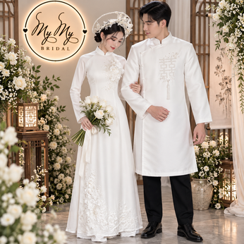 ÁO DÀI CƯỚI CẶP TRẮNG ĐÍNH KẾT HOA VÀ LÔNG VŨ