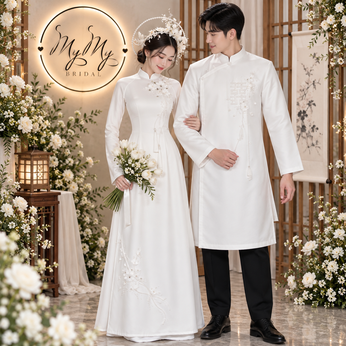 ÁO DÀI CƯỚI CẶP TRẮNG ĐÍNH KẾT HOA TUARUA