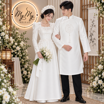 ÁO DÀI CƯỚI CẶP TRẮNG KẾT HOA VÀ CHỮ HỶ
