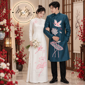 ÁO DÀI CẶP TRẮNG VÀ XANH KẾT HOA SEN HỒNG