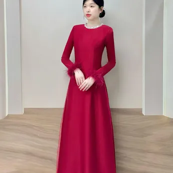 ÁO DÀI CÔ DÂU ĐỎ CỔ TRÒN TAY KẾT LÔNG VŨ