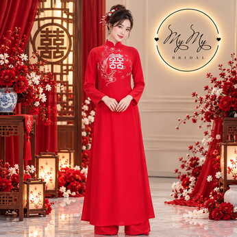 ÁO DÀI CÔ DÂU ĐỎ ĐÍNH KẾT HỶ VÀ PHƯỢNG HOÀNG