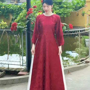 ÁO DÀI CÔ DÂU ĐỎ GẤM TRÚC ĐÀO
