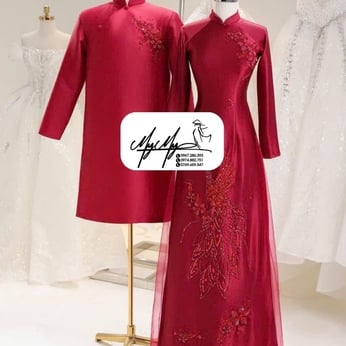 ÁO DÀI CƯỚI CẶP ĐỎ ĐÍNH KẾT CHIM PHƯỢNG VÀ HOA MAI