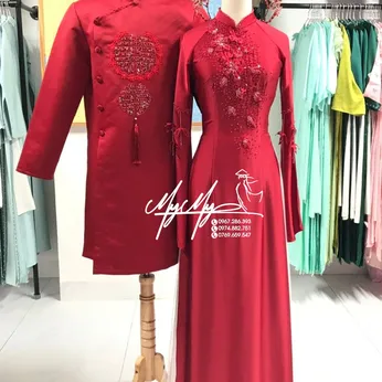 ÁO DÀI CƯỚI CẶP ĐỎ ĐÍNH KẾT HOA BƯỚM VÀ CHỮ HỶ
