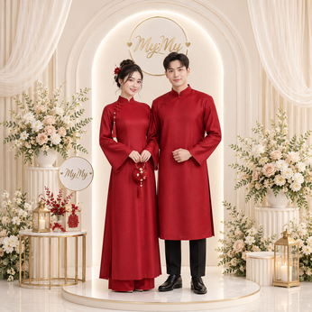 ÁO DÀI CƯỚI CẶP ĐỎ ĐÍNH TUARUA ĐƠN GIẢN