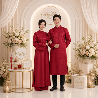 ÁO DÀI CƯỚI CẶP ĐỎ GẤM VÂN MÂY