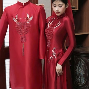 ÁO DÀI CƯỚI CẶP ĐỎ HỌA TIẾT CHỮ HỶ VÀ CHIM HẠC