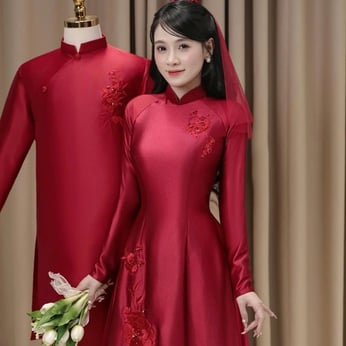 ÁO DÀI CƯỚI CẶP THÊU HOA MẪU ĐƠN