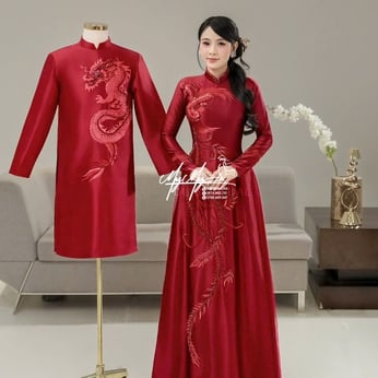 ÁO DÀI CƯỚI CẶP ĐỎ THÊU RỒNG PHƯỢNG
