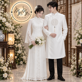 ÁO DÀI CƯỚI CẶP TRẮNG CHỮ HỶ VÀ REN HOA CÁCH ĐIỆU