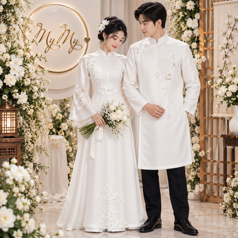 ÁO DÀI CƯỚI CẶP TRẮNG ĐÍNH HOA 3D VÀ CHỮ HỶ
