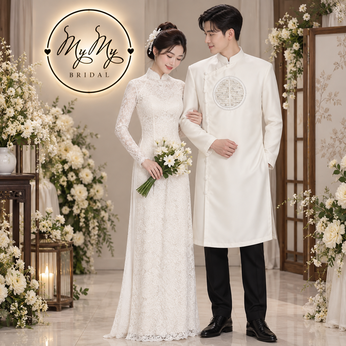 ÁO DÀI CƯỚI CẶP TRẮNG REN HOA VÀ CHỮ HỶ