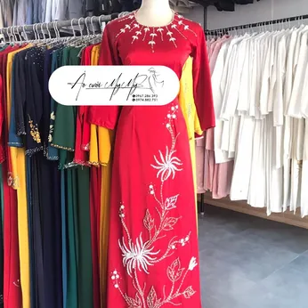 ÁO DÀI SUI ĐỎ ĐÍNH KẾT HOA CÚC