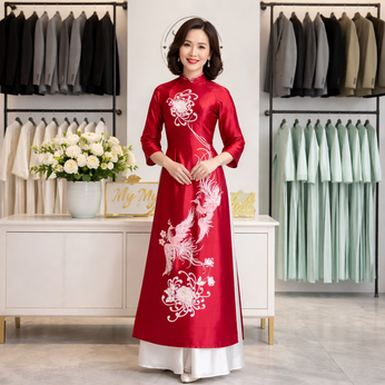 ÁO DÀI SUI ĐỎ THÊU HOA CÚC VÀ PHƯỢNG HOÀNG